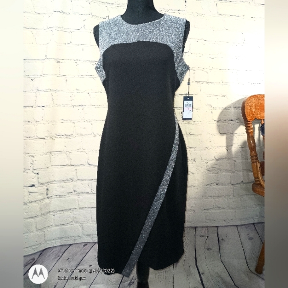 Slvls Crewneck Color Block Metallic Silhouette Scuba Crepe Midi SheathDress